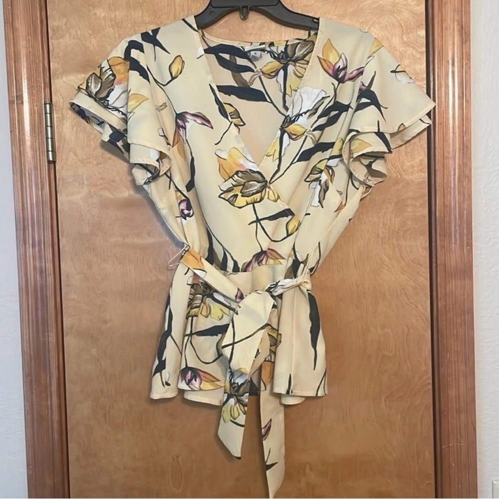 Floral print flutter sleeve faux wrap Blouse